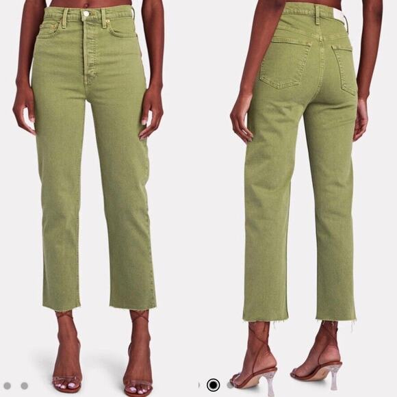 Re/Done 70s High Rise Stove Pipe Jeans Size 25 Green Ankle Straight Raw Hem Prep - Picture 1 of 12